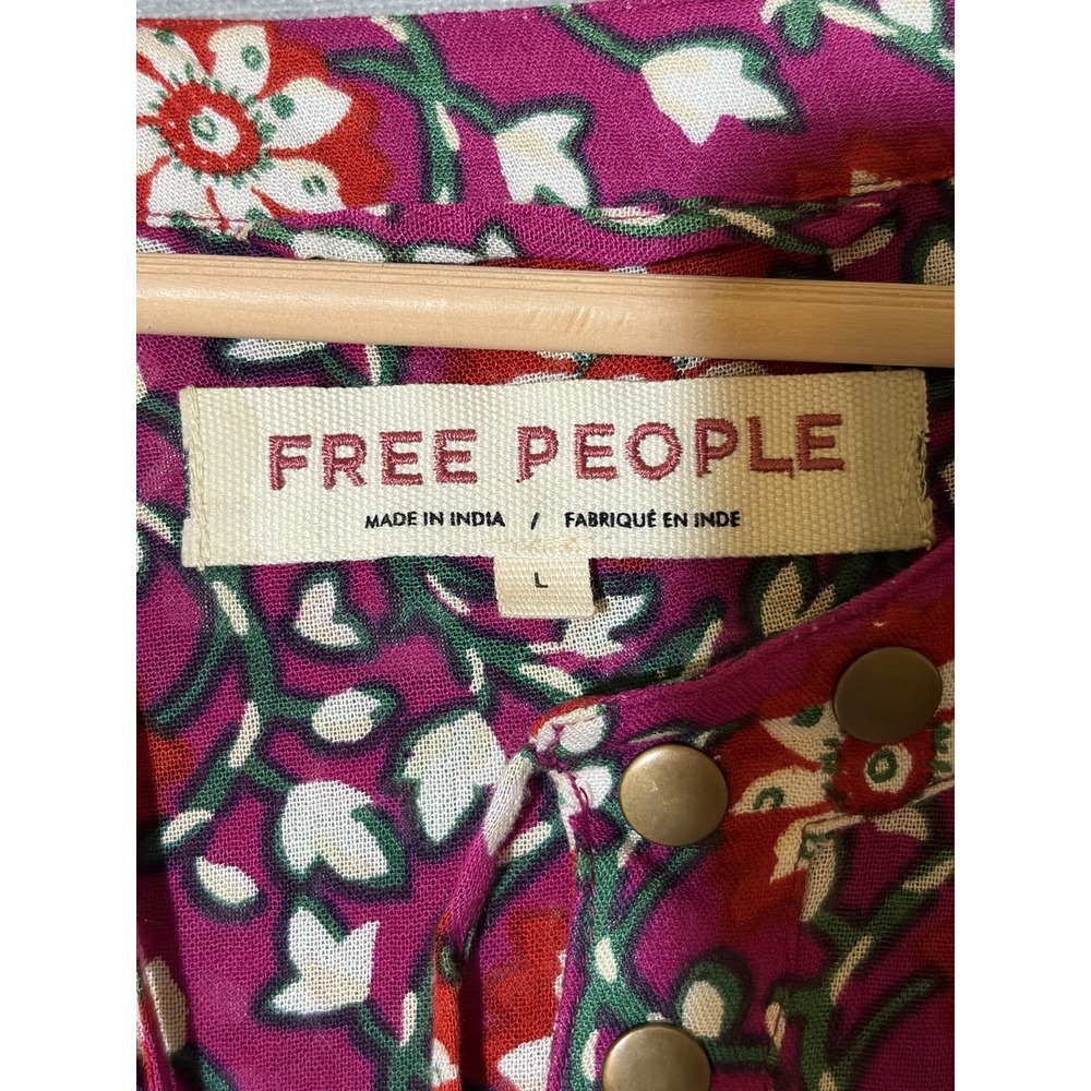 FREE PEOPLE Women Multicolor Long Flare Sleeve Boho Peasant Style Blouse Sz L - Picture 2 of 15